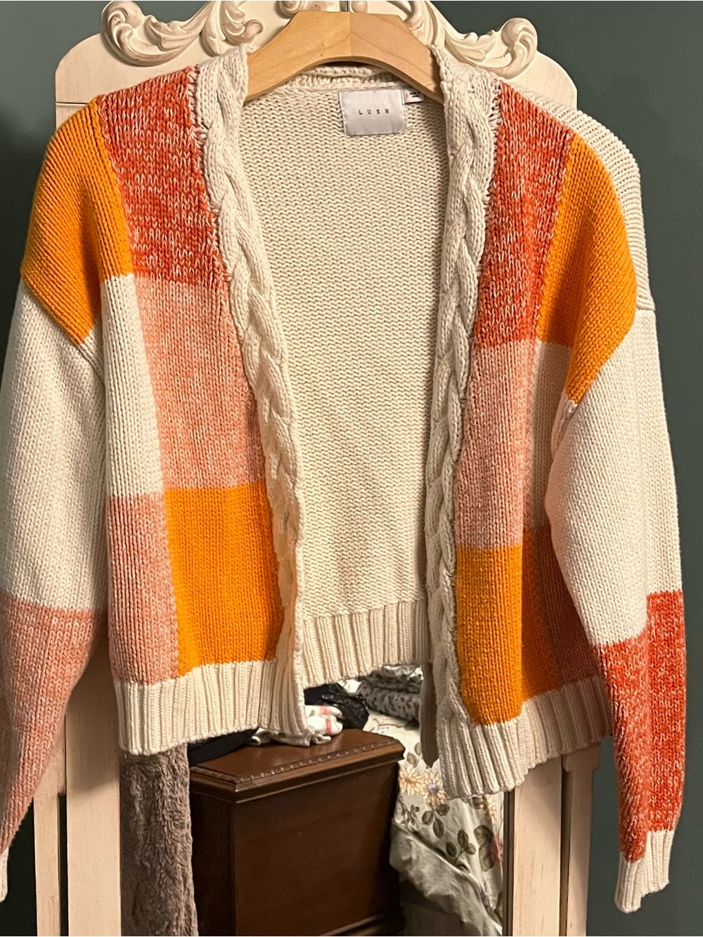 Lush Colorblock Cable-Front Cardigan - Cream, Orange & Pink